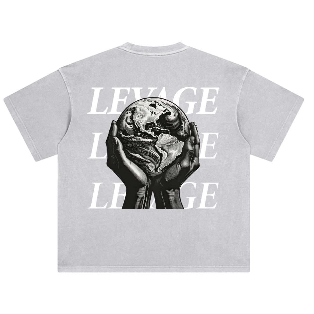 Gray t-shirt with graphic design and text on a white background