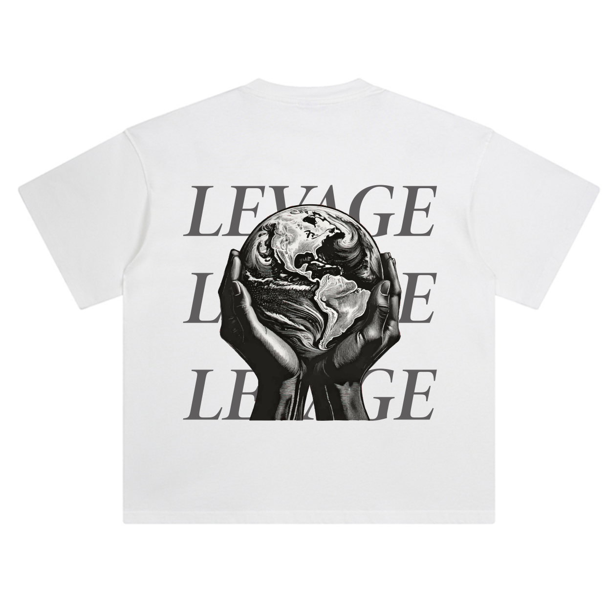 White t-shirt with graphic design and text on a white background