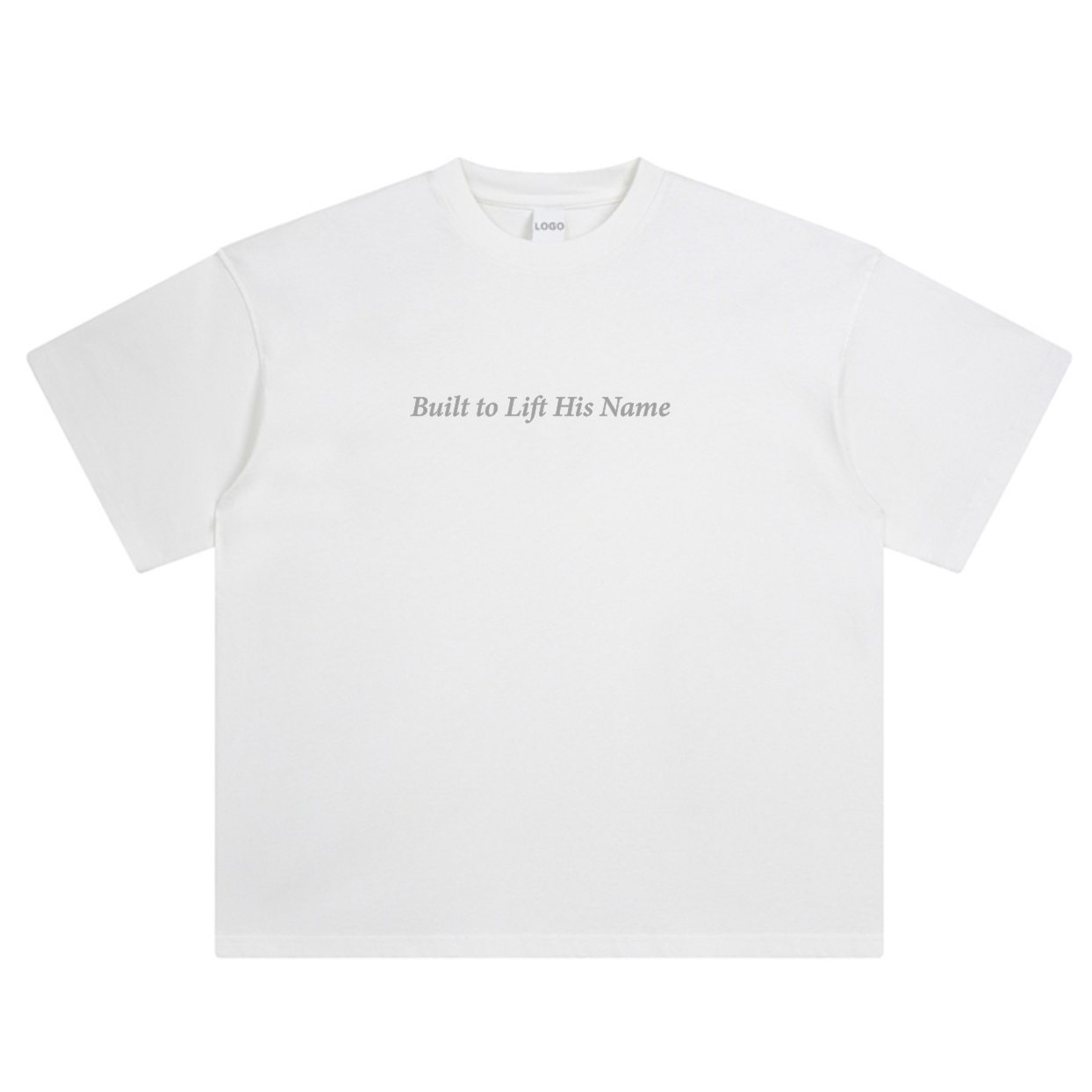 White Levage T-shirt with text 'Built to Lift His Name' on the front