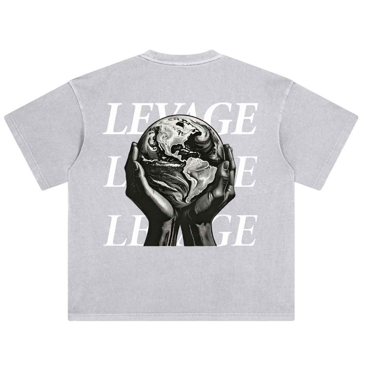 Gray t-shirt with graphic design and text on a white background