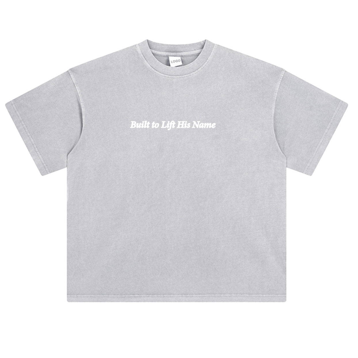 Gray Levage Shirt with text 'Built to Lift His Name' on the front with a white background