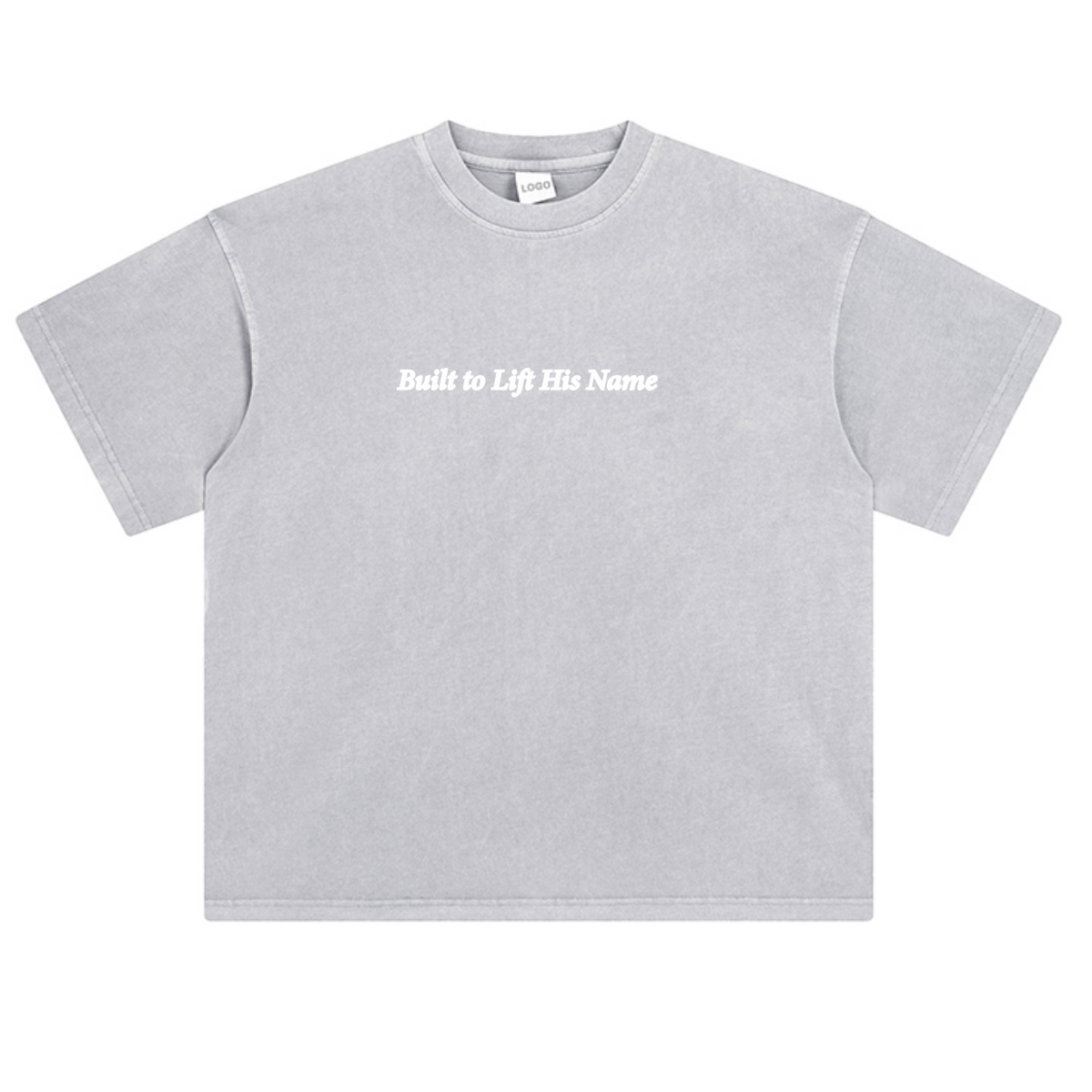 Gray Levage Shirt with text 'Built to Lift His Name' on the front with a white background