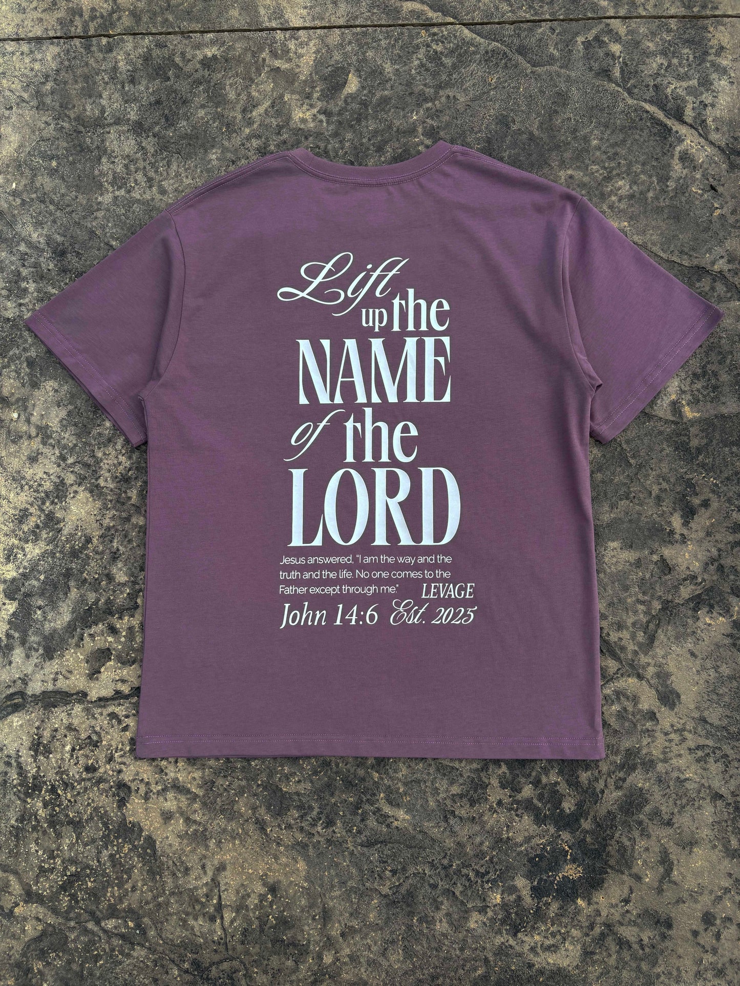 Rise Faith T Shirt showing front and back views, logo on collar, and inspirational quote design for fashion branding.