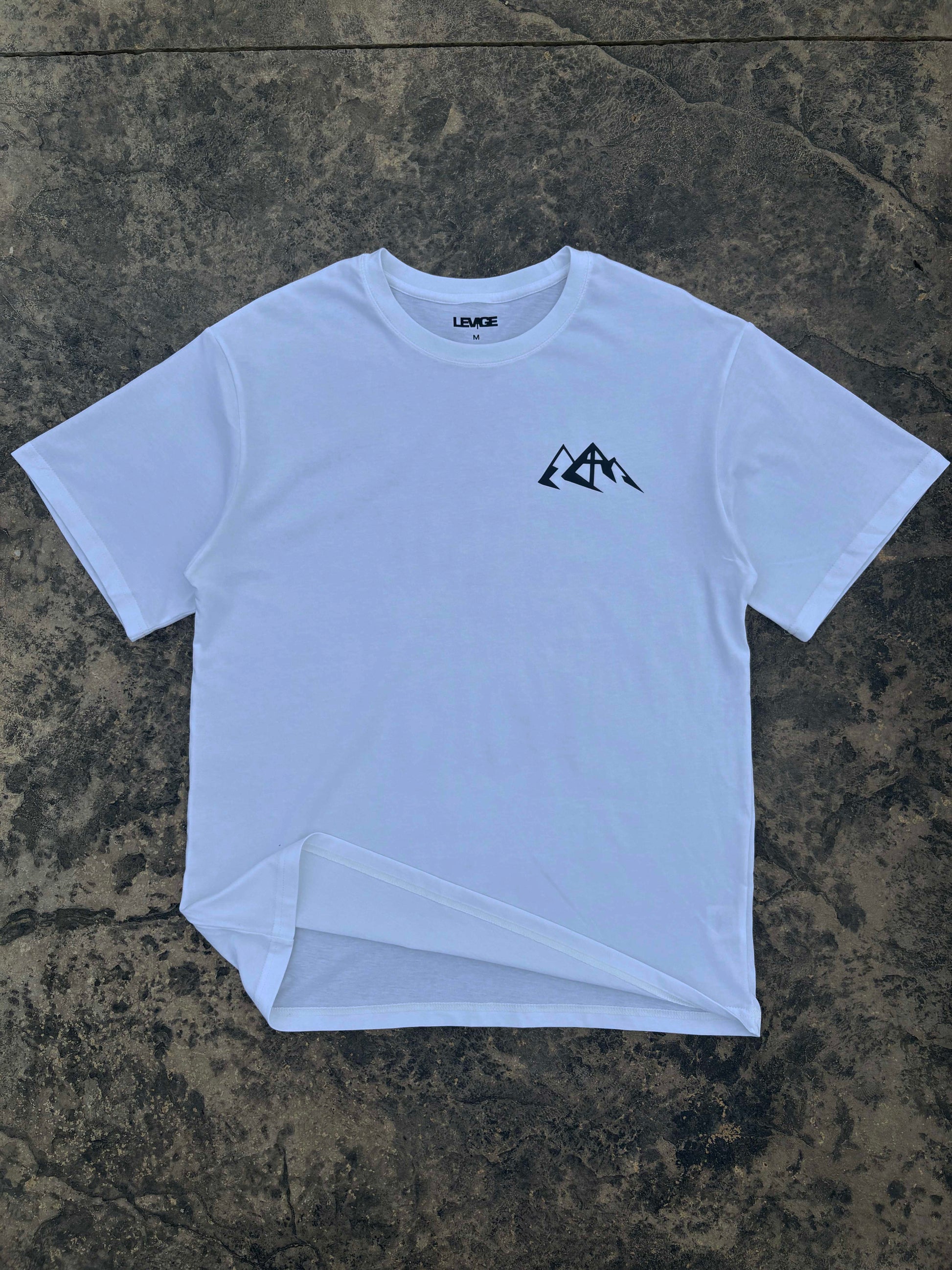 Rise Faith T Shirt showing front and back views, logo on collar, and inspirational quote design for fashion branding.