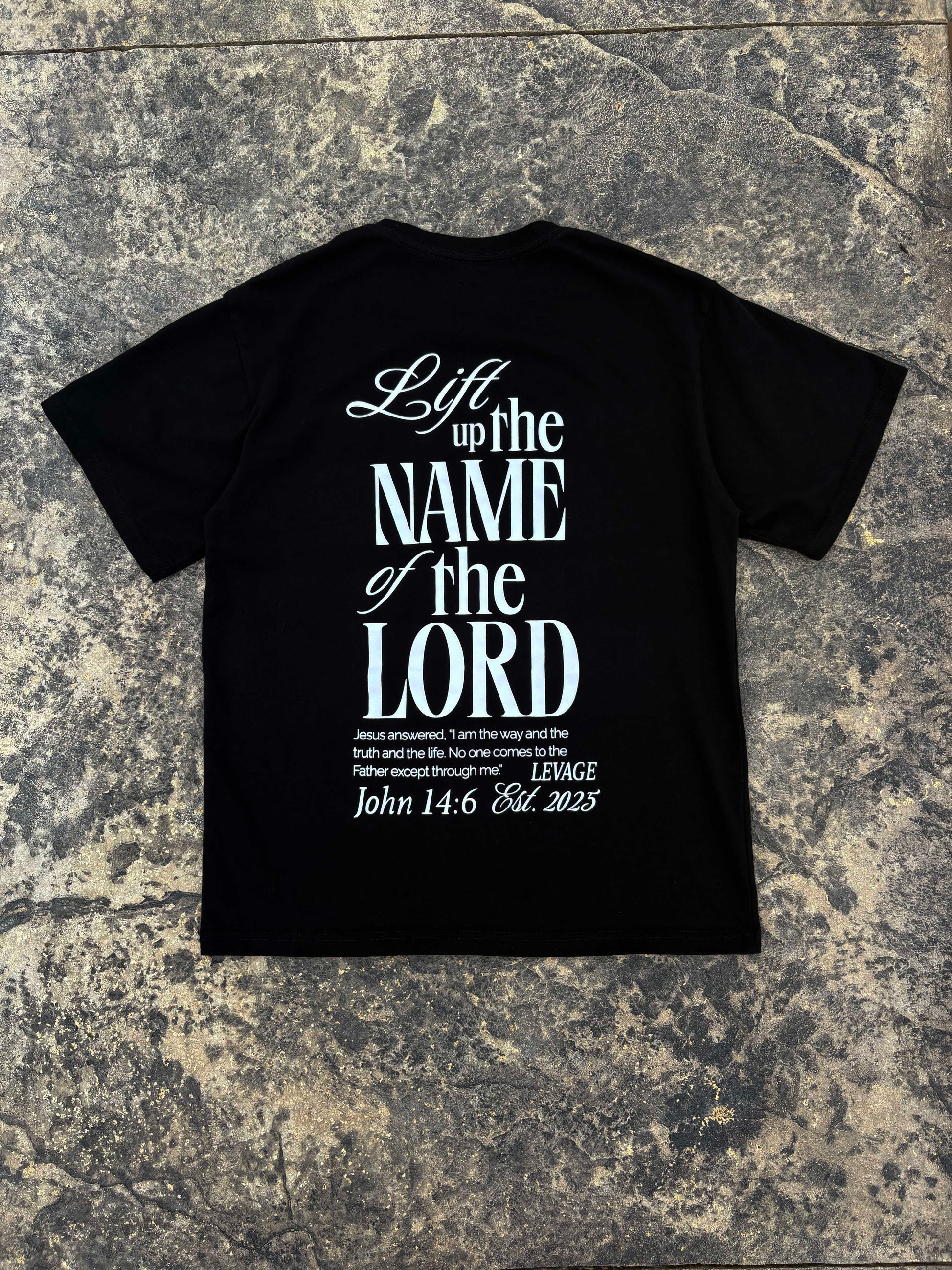 Rise Faith T Shirt showing front and back views, logo on collar, and inspirational quote design for fashion branding.