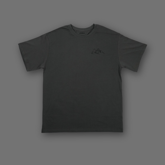 A dark gray short-sleeve crewneck t-shirt with a small black mountain logo on the left chest, displayed against a solid dark gray background.